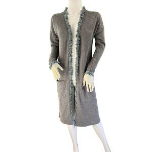 Women's Long Knit  Gray Cardigan Sweater with Fringe Trim, Size XL